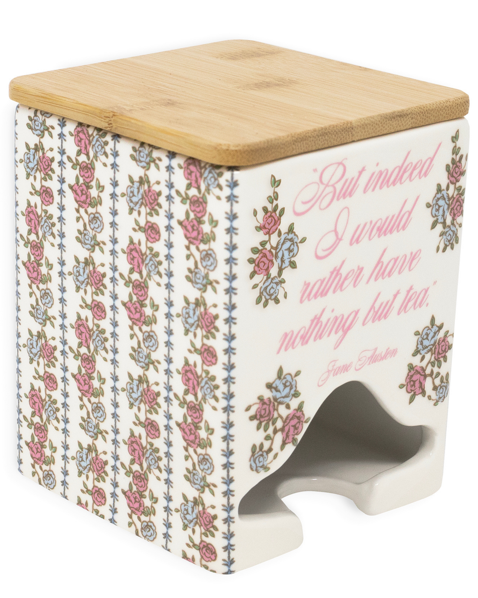 Decorative kitchen stool with floral pattern and wooden top on a white background