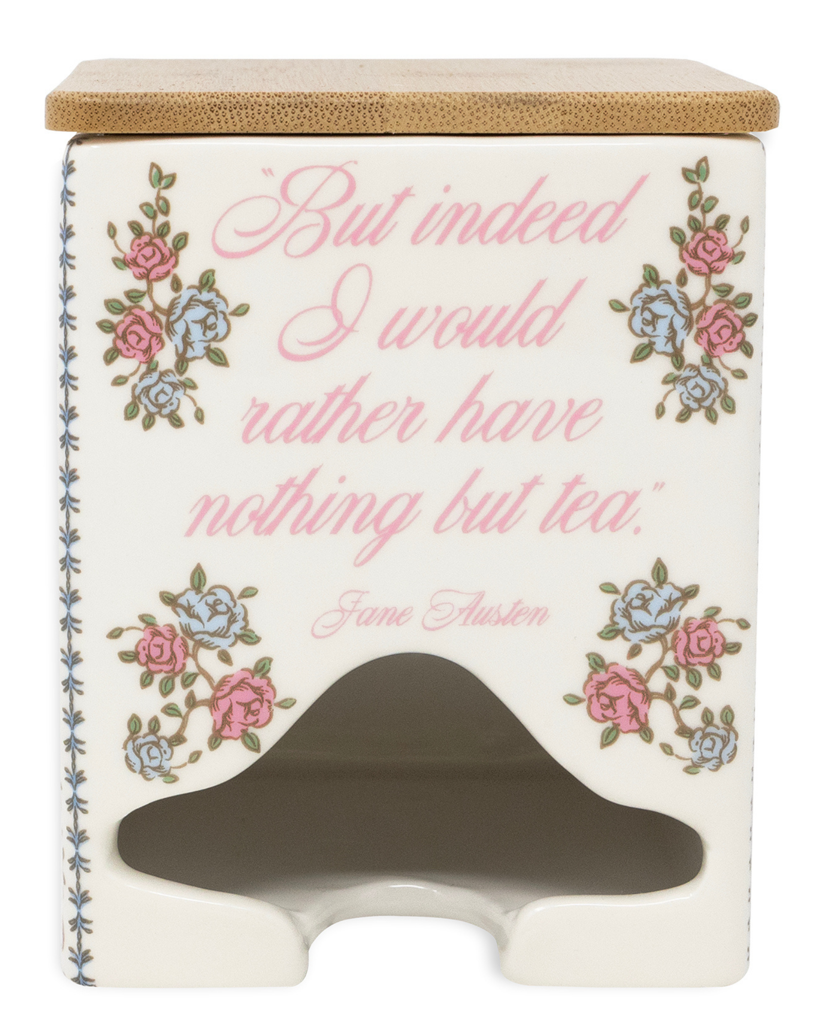 Tea canister with floral designs and text on a white background