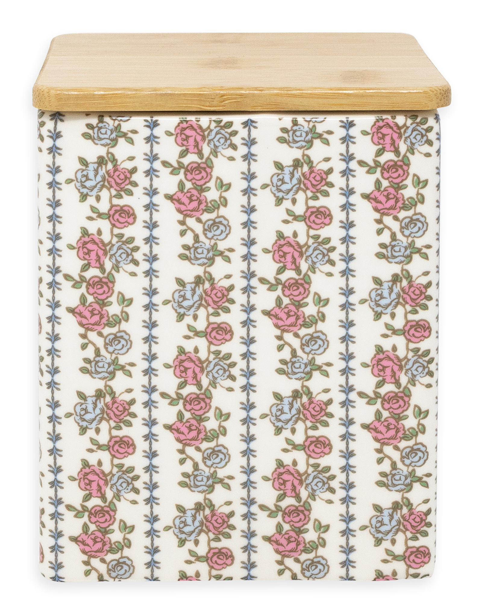 Storage container with floral pattern and wooden lid on a white background