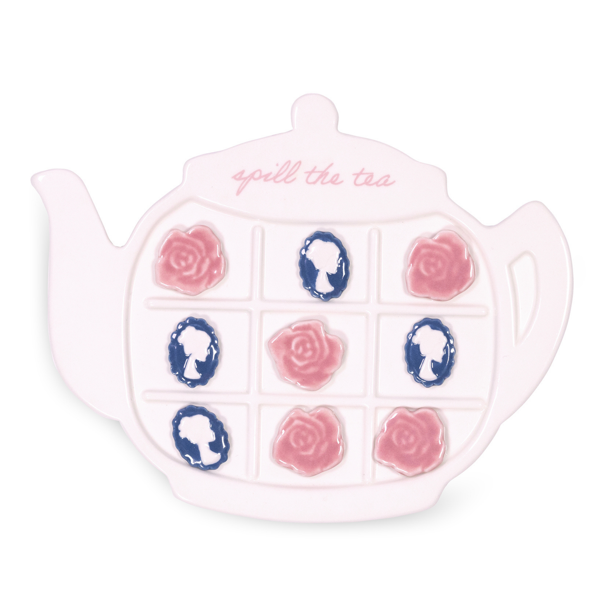 Teapot-shaped tic-tac-toe game with floral designs