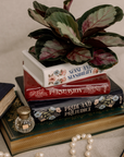 Stack of books with decorative covers, a plant, and a small bottle on a textured surface.