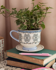 Decorative cup with plant, books, and pen on a table against a pink wall.