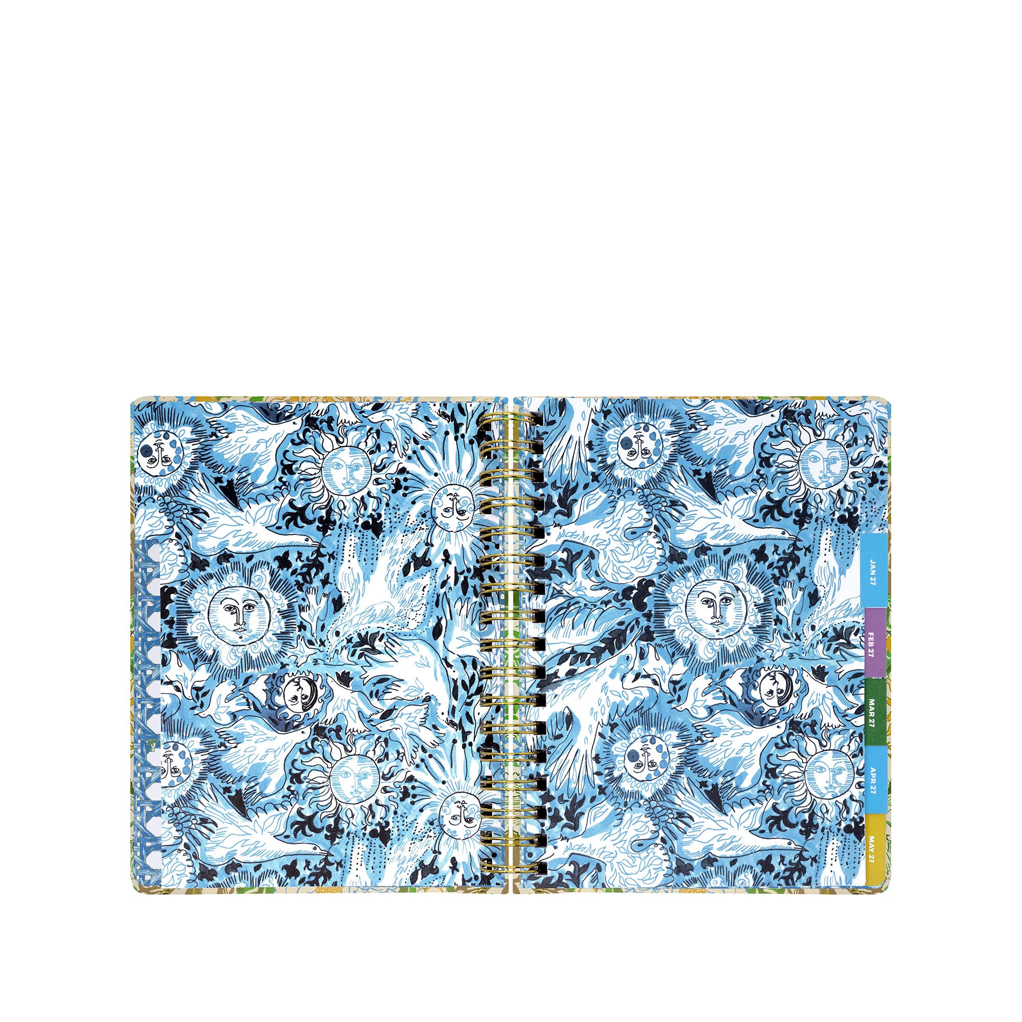A spiral-bound planner with a detailed blue and white floral pattern, featuring colorful page tabs on the right side, shown against a plain white background.