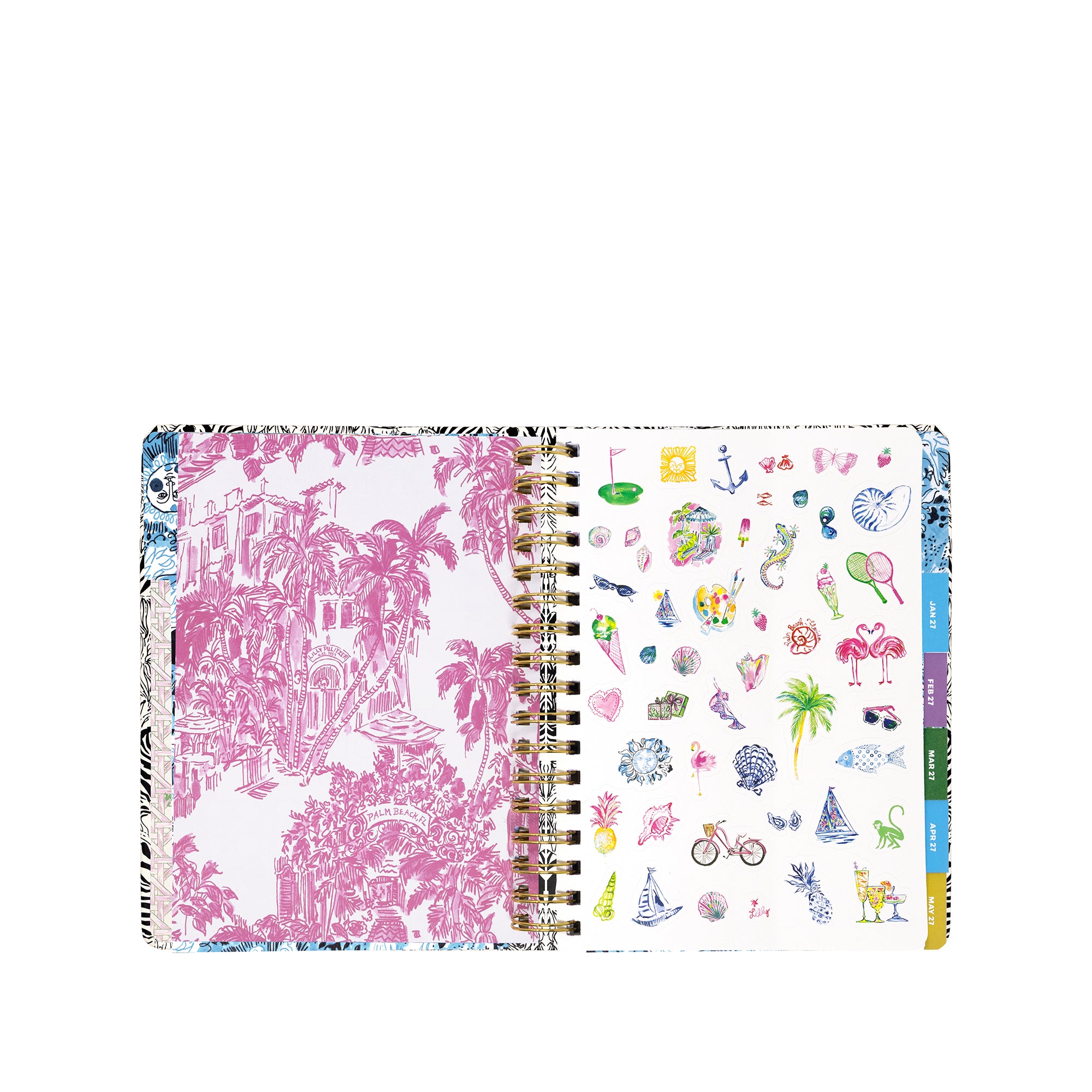 An open spiral-bound planner spread on a white background. The left page features a pink and purple tropical garden illustration, while the right page is covered in small multicolored summer-themed doodles such as sunglasses, palm trees, beach balls, and flamingos.