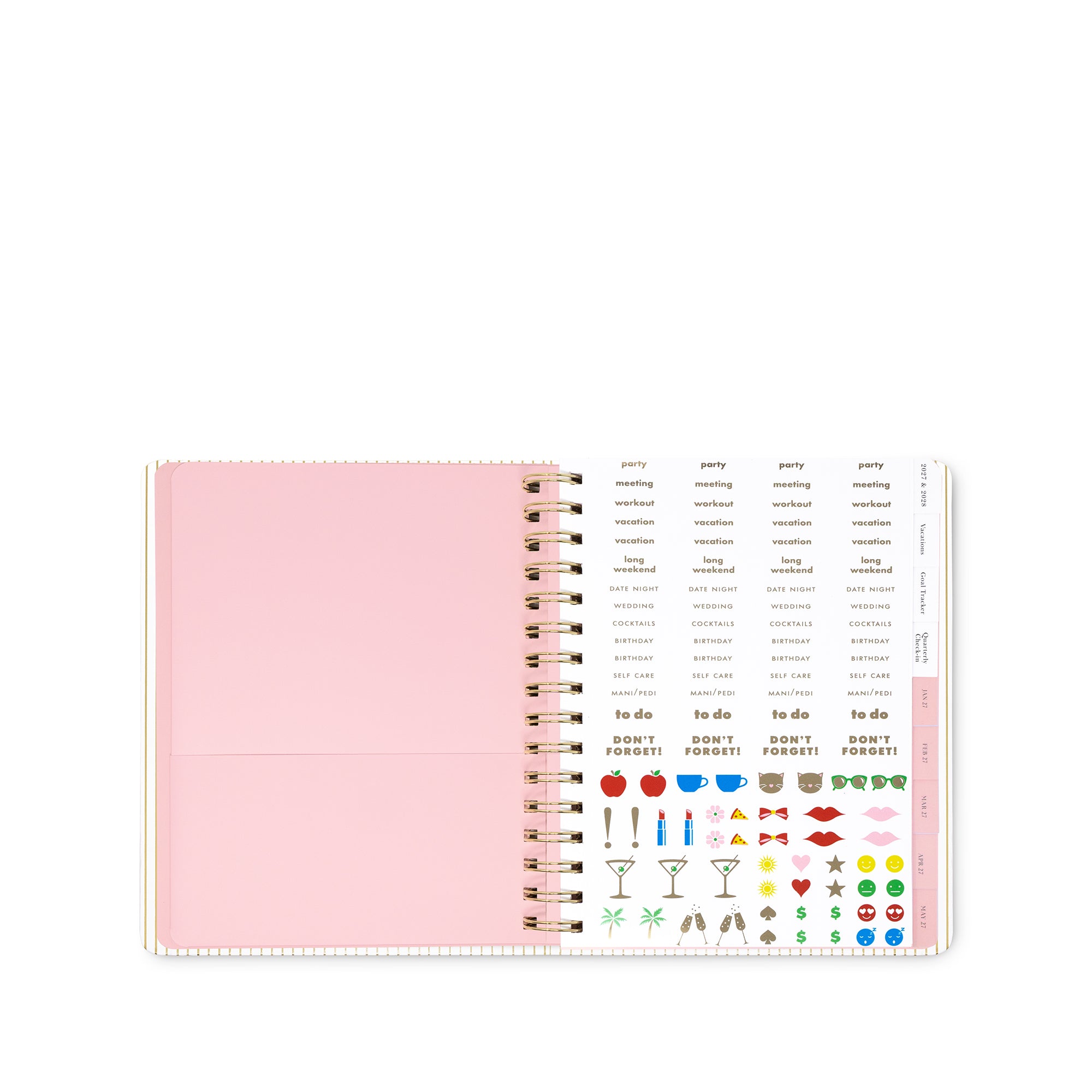 An open spiral-bound planner or agenda with a pale pink cover, showing printed weekly planner pages and small colorful stickers along the right side on a white background.