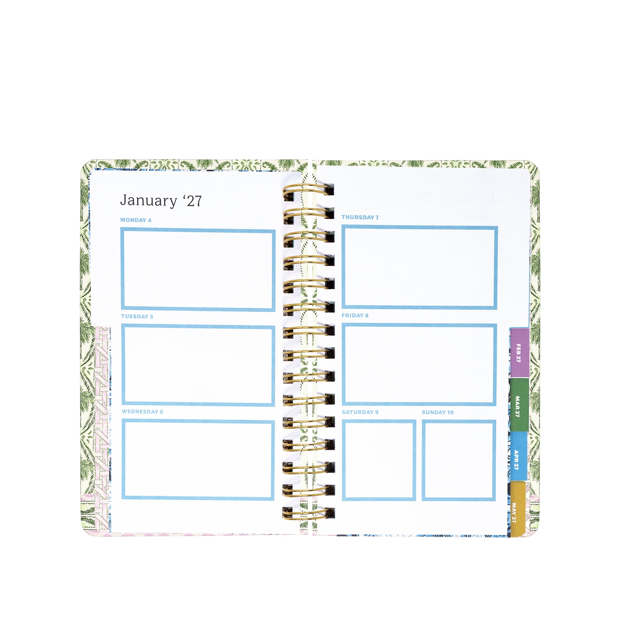An open spiral-bound planner showing a weekly layout page for January 27 with blue outlined boxes and colorful page tabs on the right, photographed on a plain white background.