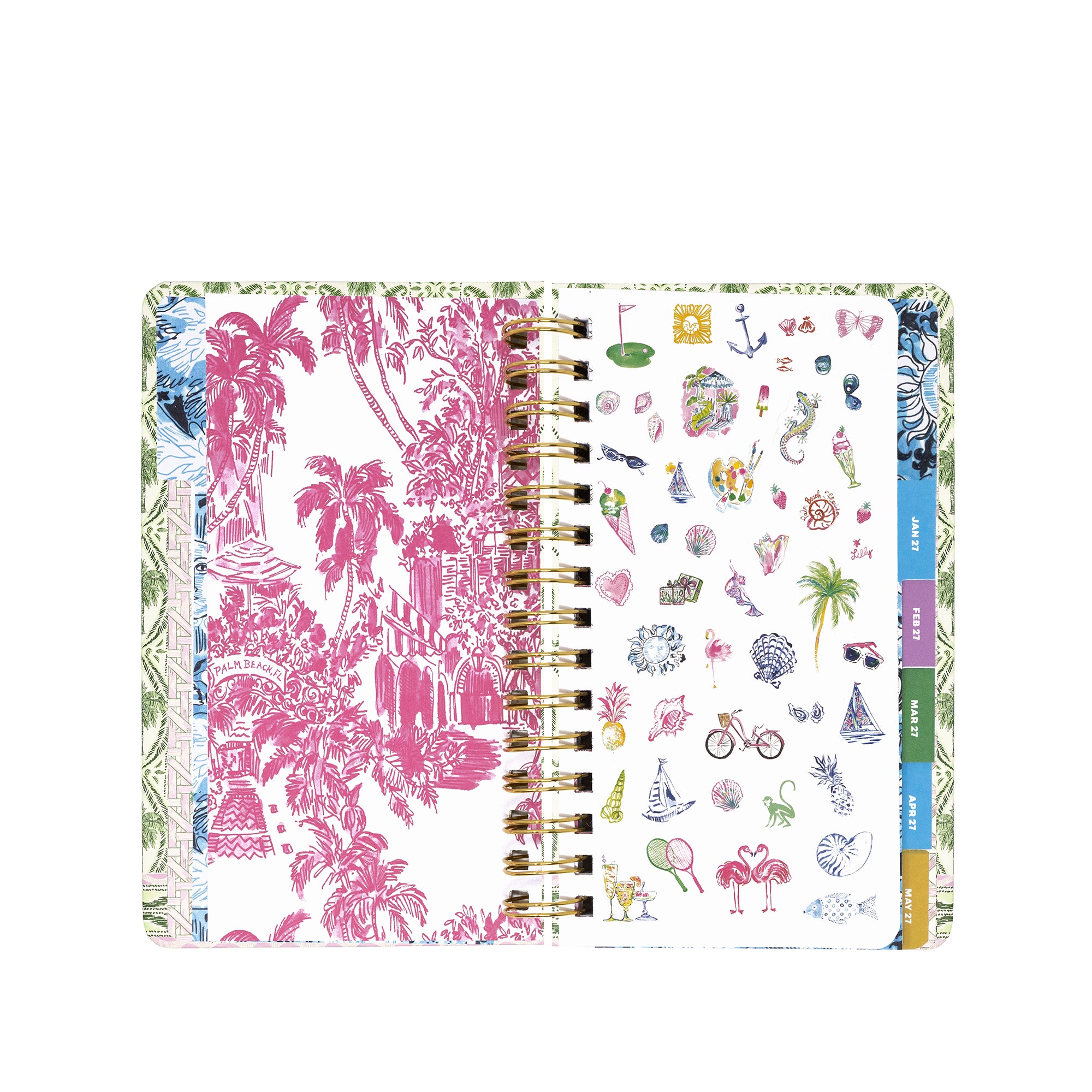 An open spiral-bound planner with a white cover featuring a pink tropical toile de Jouy pattern on the left page and small multicolored summer-themed illustrations on the right page. The pages are held together by gold-tone metal spirals, and colorful tabs are visible along the right edge.