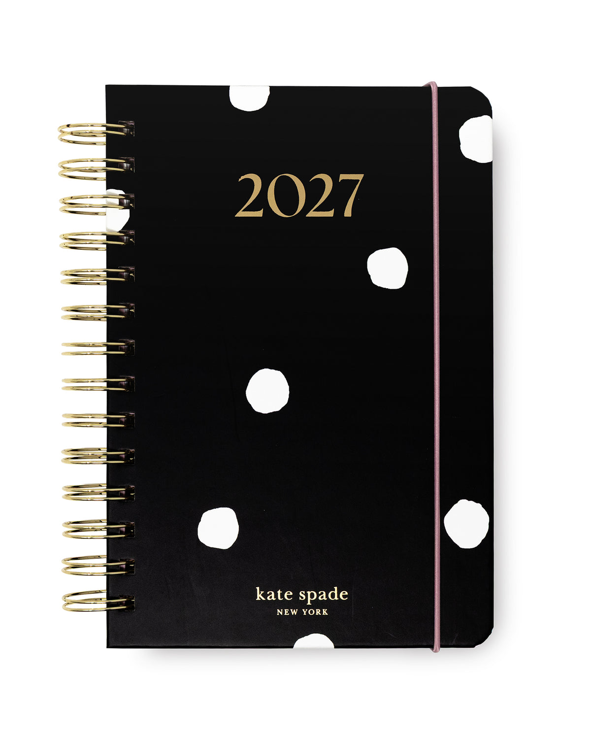 Kate Spade 2027 spiral-bound planner in black with white polka dots, gold lettering, and a pink elastic closure band, shown on a white background.