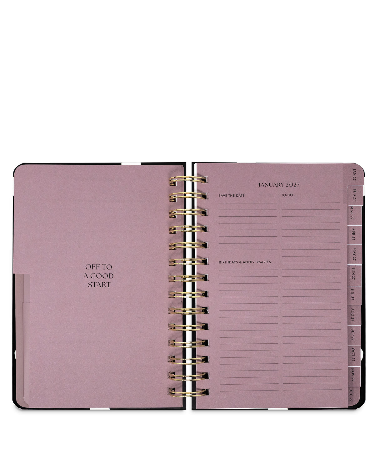 An open spiral-bound planner with dusty pink pages and gold-toned metal rings, shown against a plain white background.