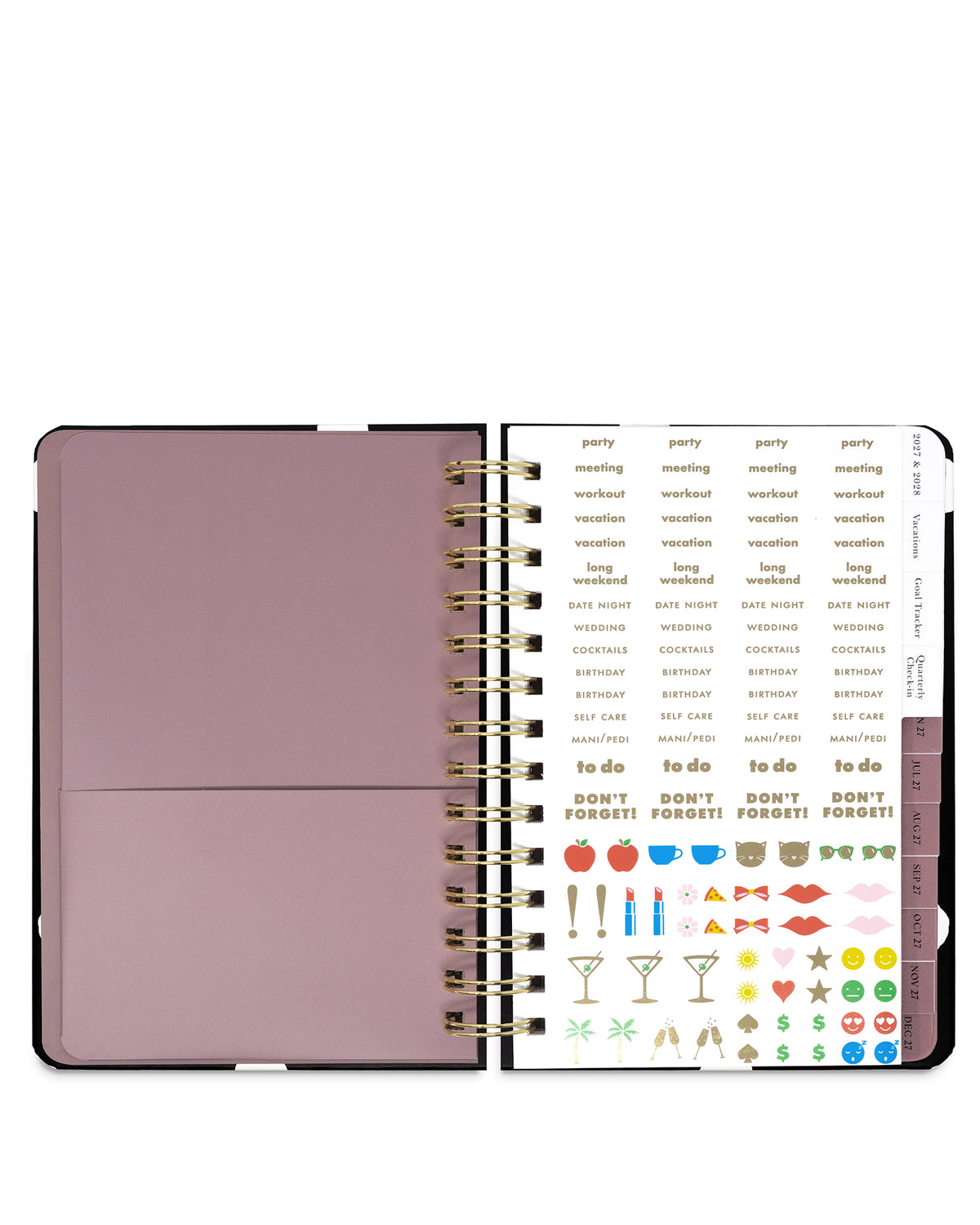 An open spiral-bound planner or agenda with a dusty mauve-pink cover on the left and a white interior page filled with small printed labels, icons, and colored stickers on the right.