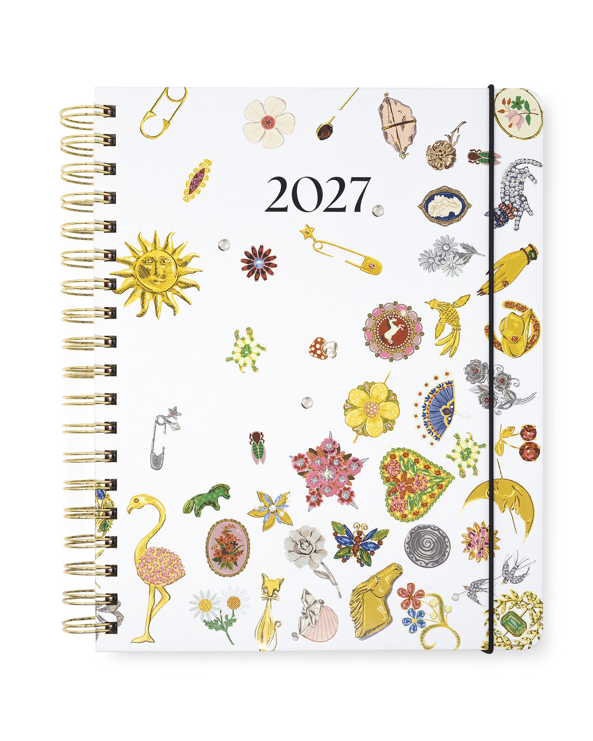 A 2027 spiral-bound planner with a white cover decorated with various colorful vintage-style illustrations, including a sun, flamingo, flowers, and jewelry. The planner is shown closed on a clean white background.