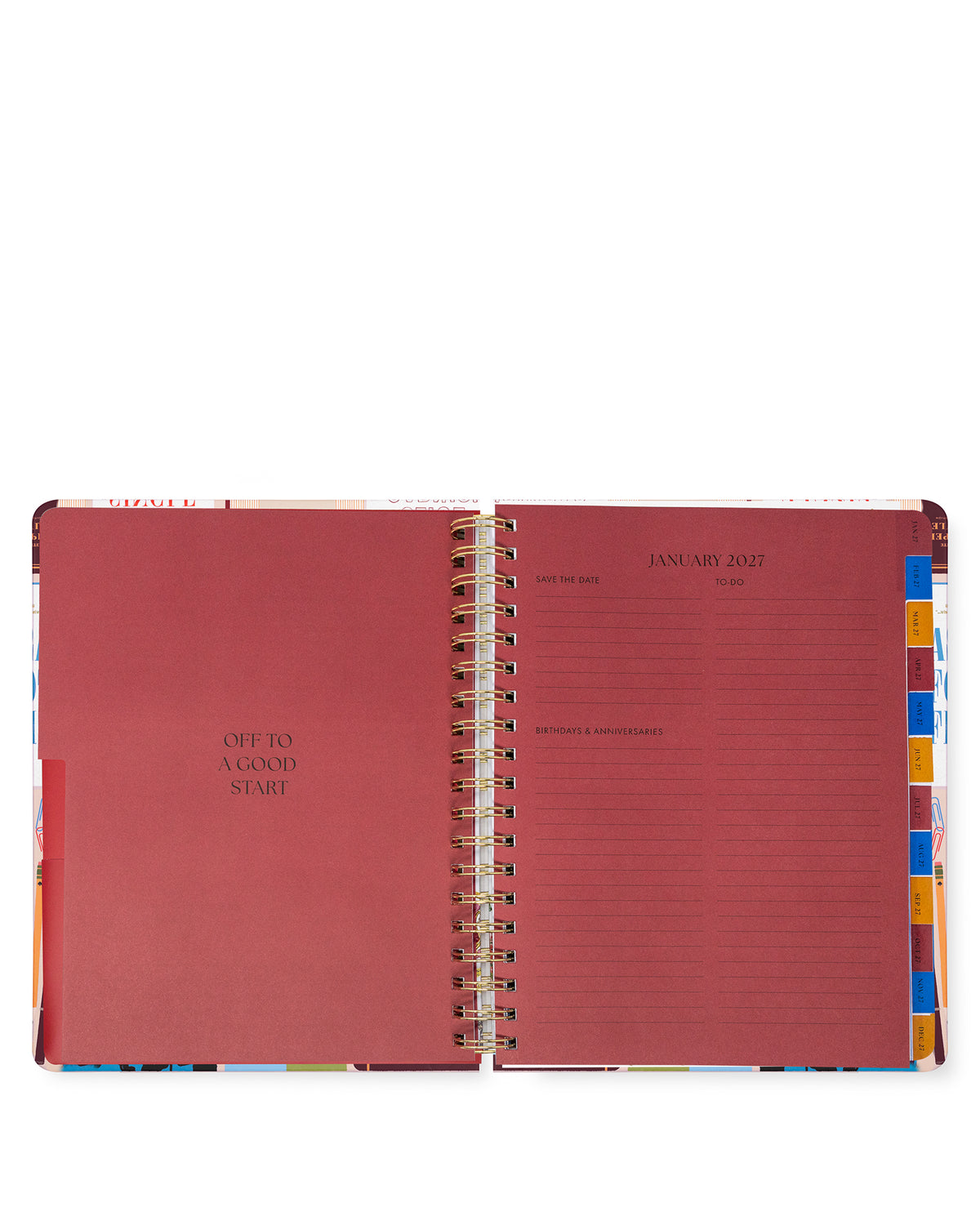 An open spiral-bound planner with a dusty rose red cover and interior pages, shown against a plain white background. The left page reads 'ONE TO A GOOD START', and the right page shows lined January 2022 planning space with colorful tab dividers along the right edge.