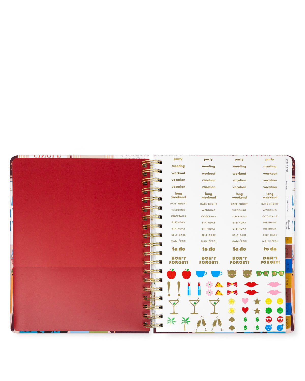 An open spiral-bound planner or agenda showing a solid red left page and colorful insert sheets with text lists and small icons, photographed on a plain white background.