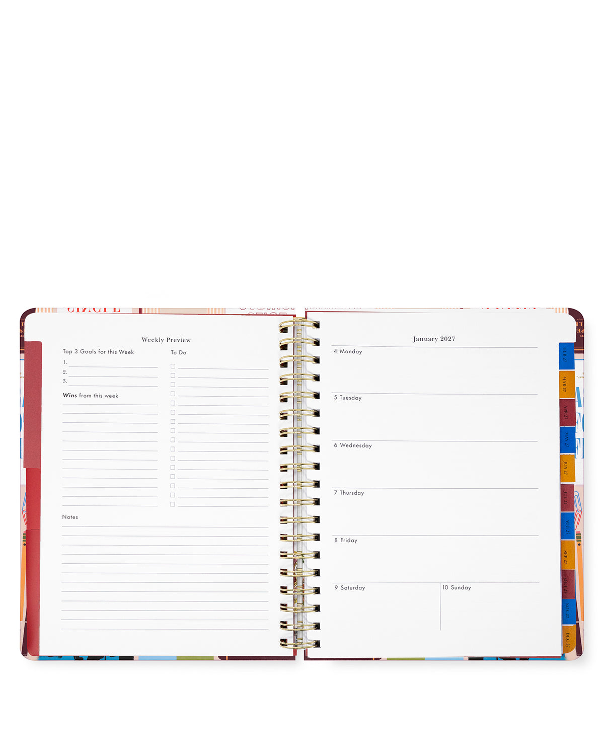 An open spiral-bound planner or agenda with lined daily and weekly planning pages visible, shown against a plain white background.