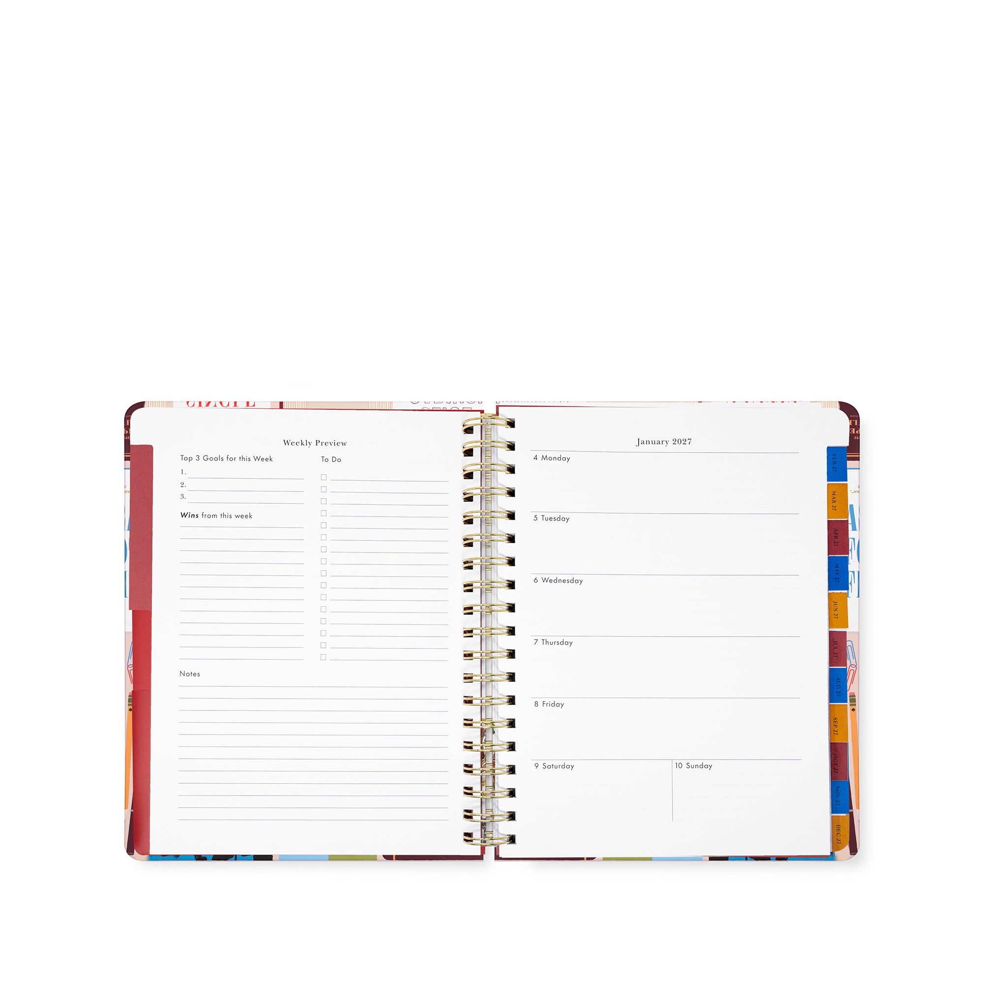 An open spiral-bound planner or agenda with lined daily and weekly planning pages visible, shown against a plain white background.