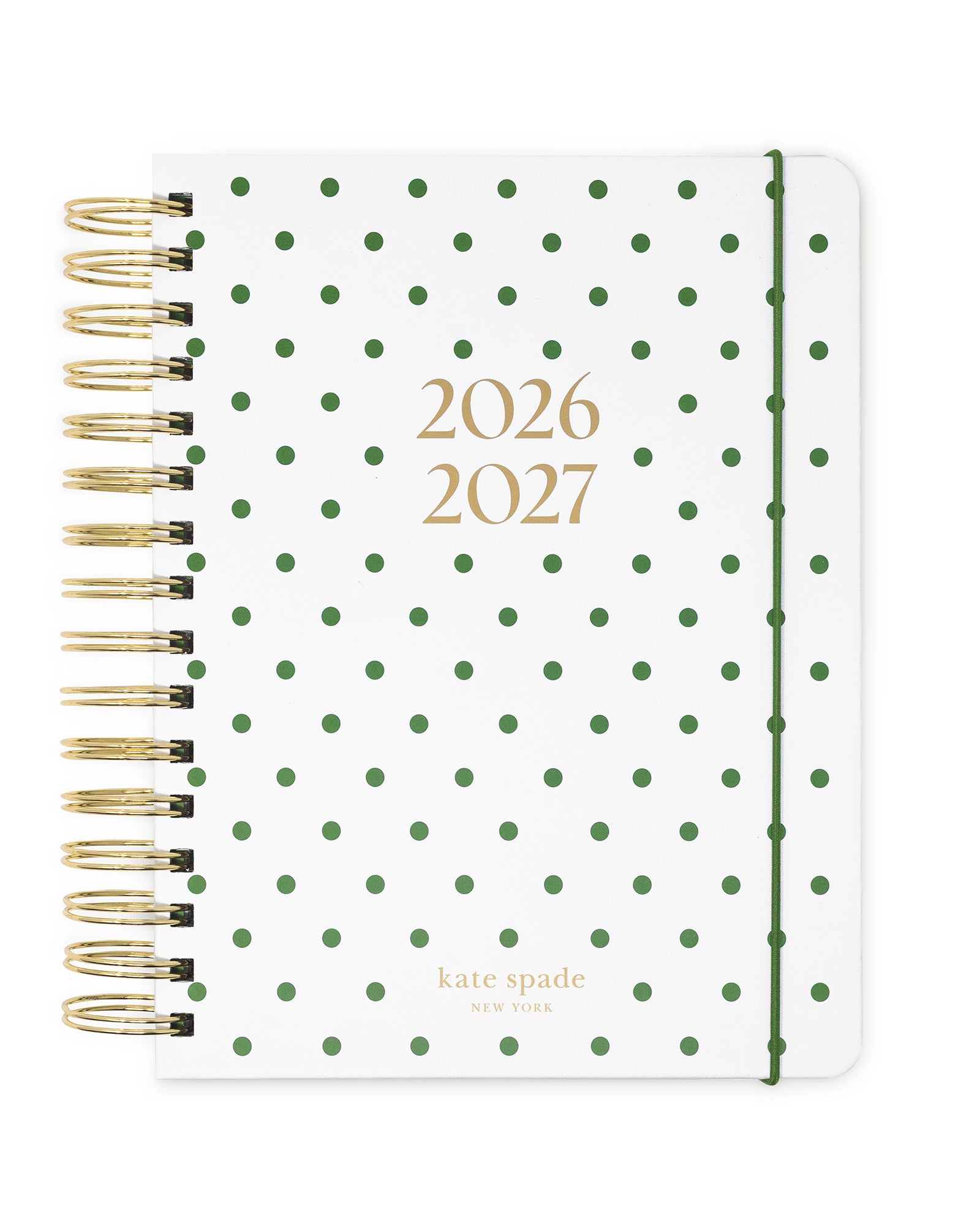 2026-2027 planner with green polka dot design and gold accents on a white background