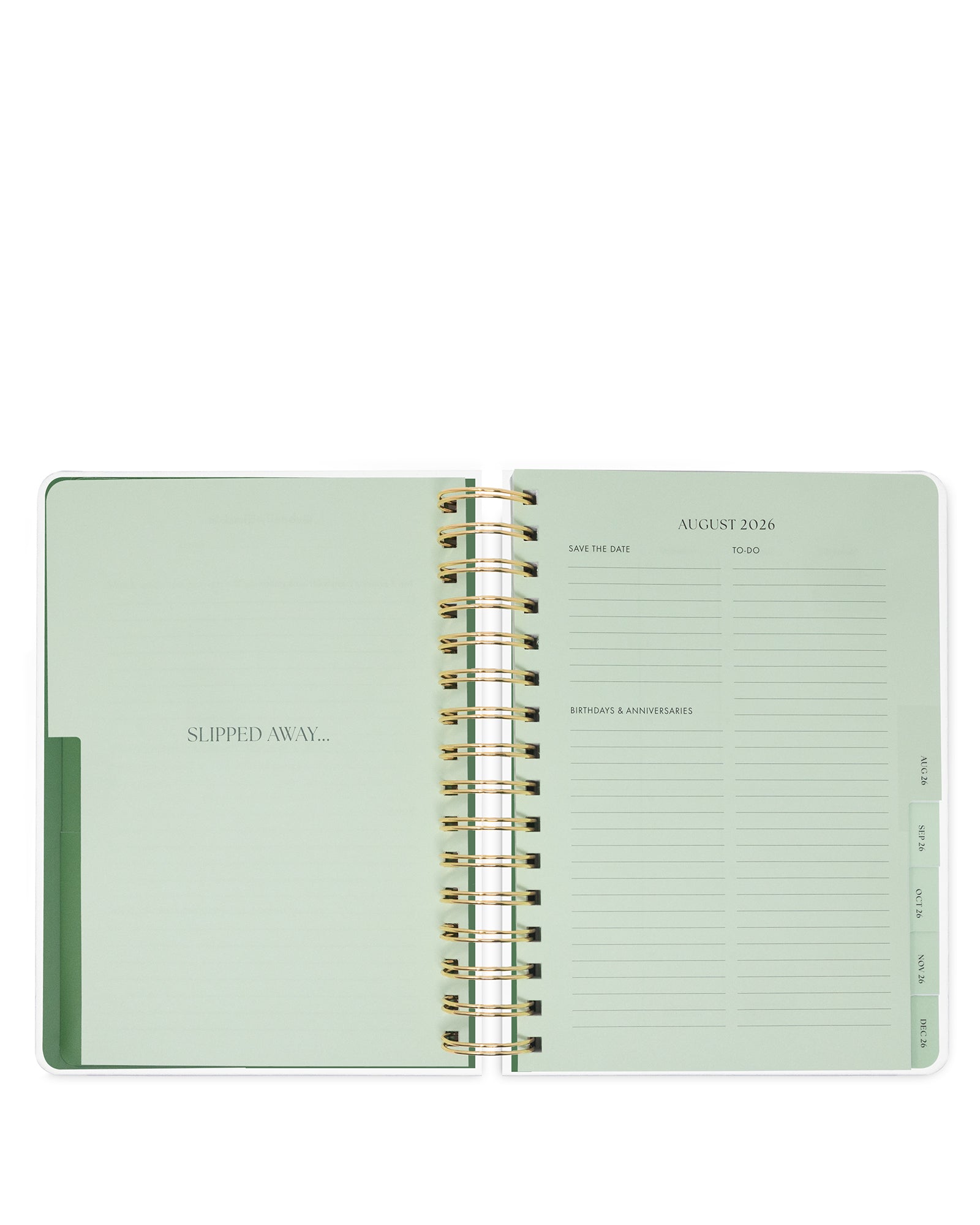 Open green planner with gold spiral binding on a white background