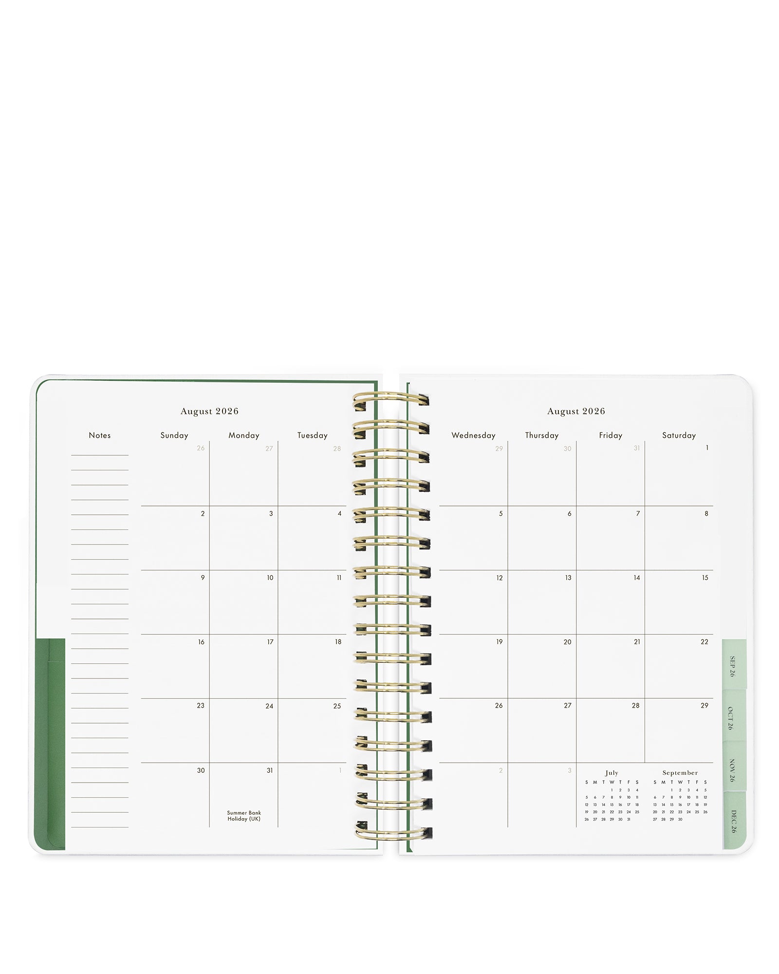 Open planner showing a monthly calendar layout with green binding on a white background