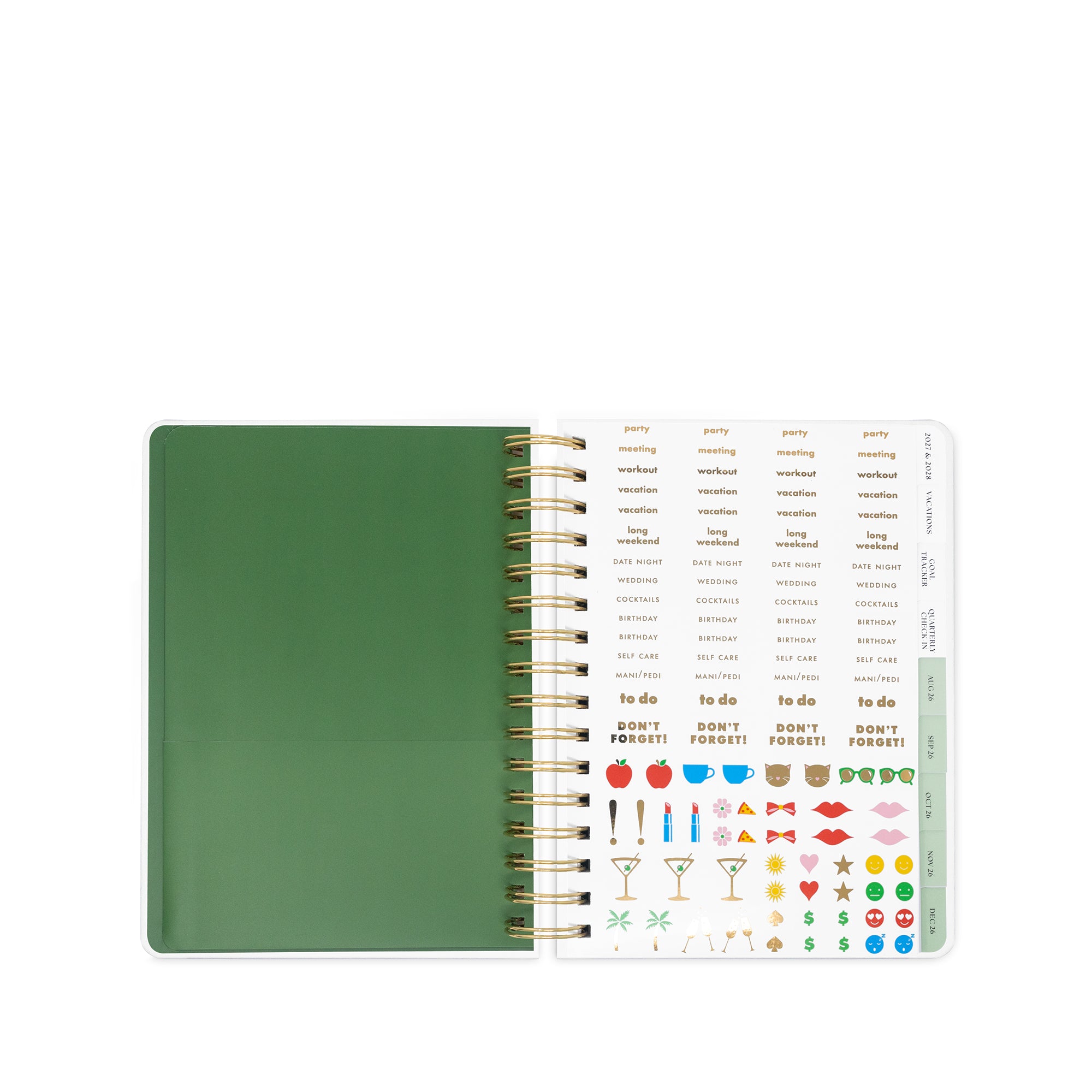 Green notebook with a spiral binding and decorative page on a white background
