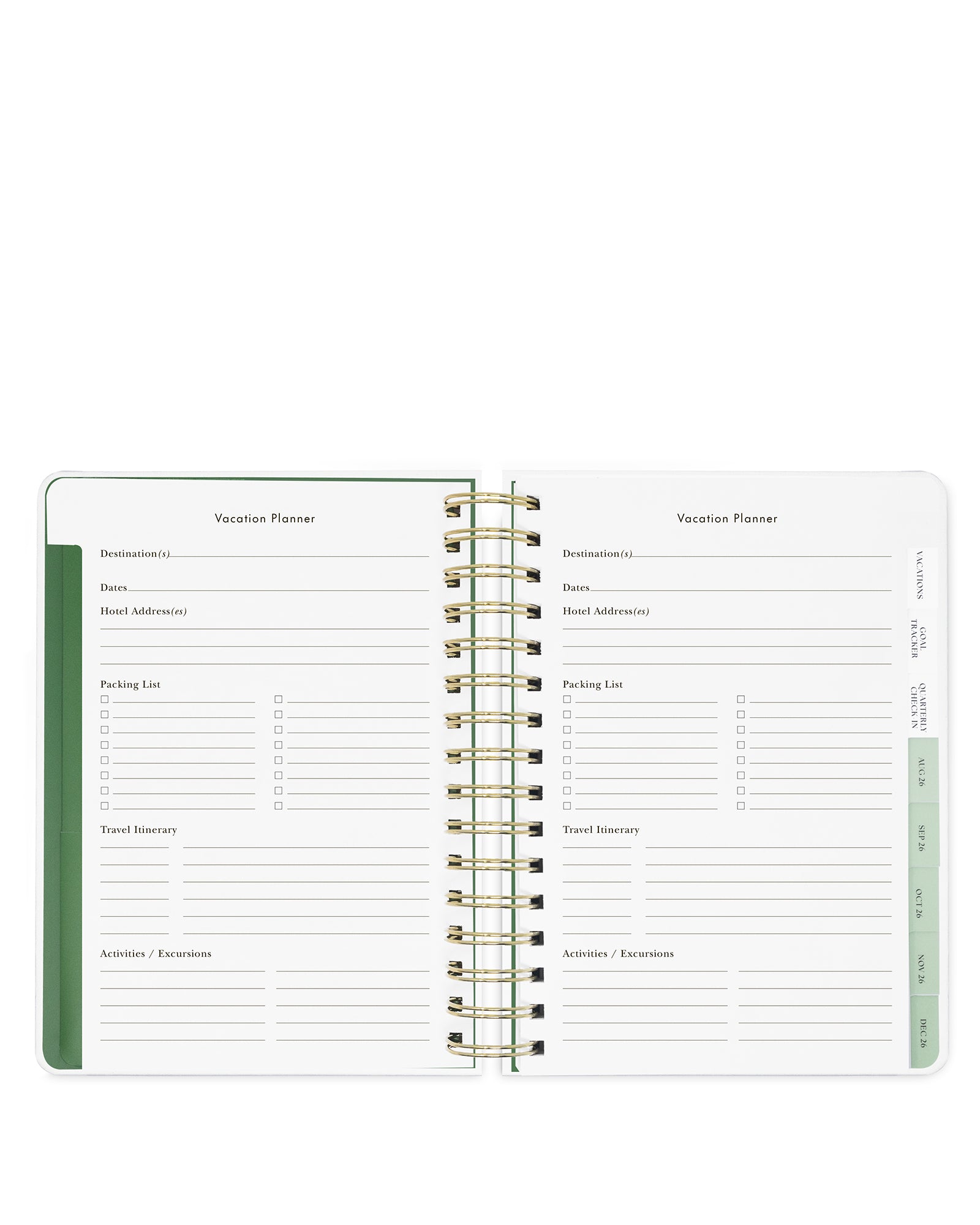 Open planner with vacation planner section on a white background