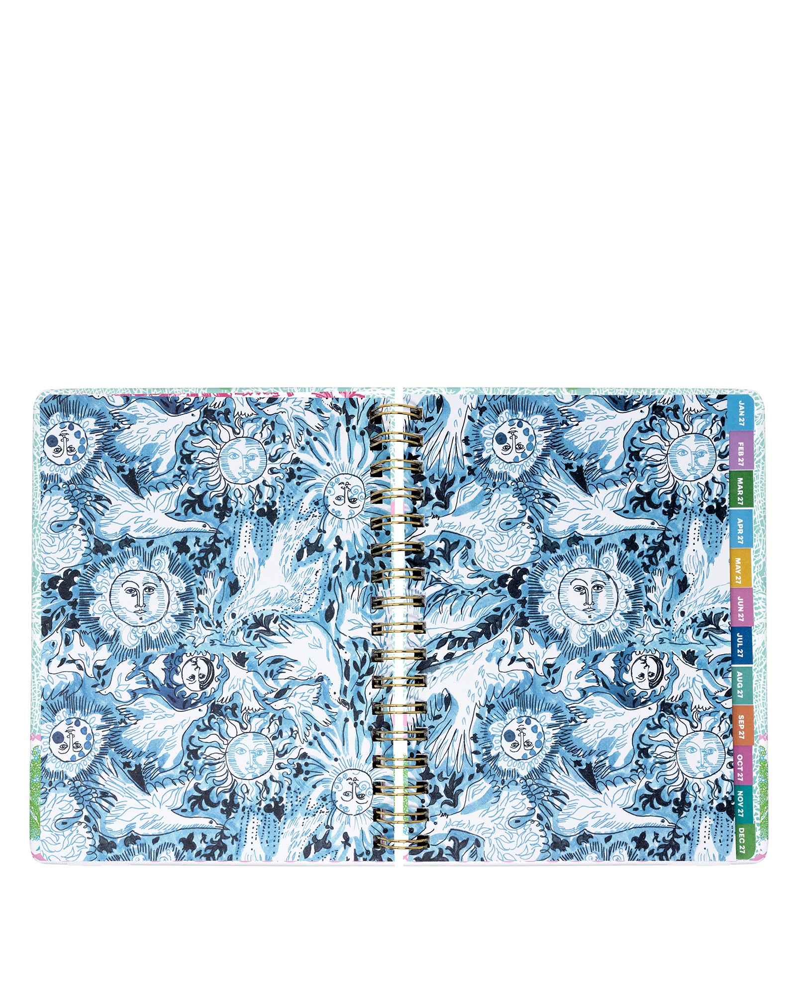 Open planner with blue floral design and colorful tabs on a white background