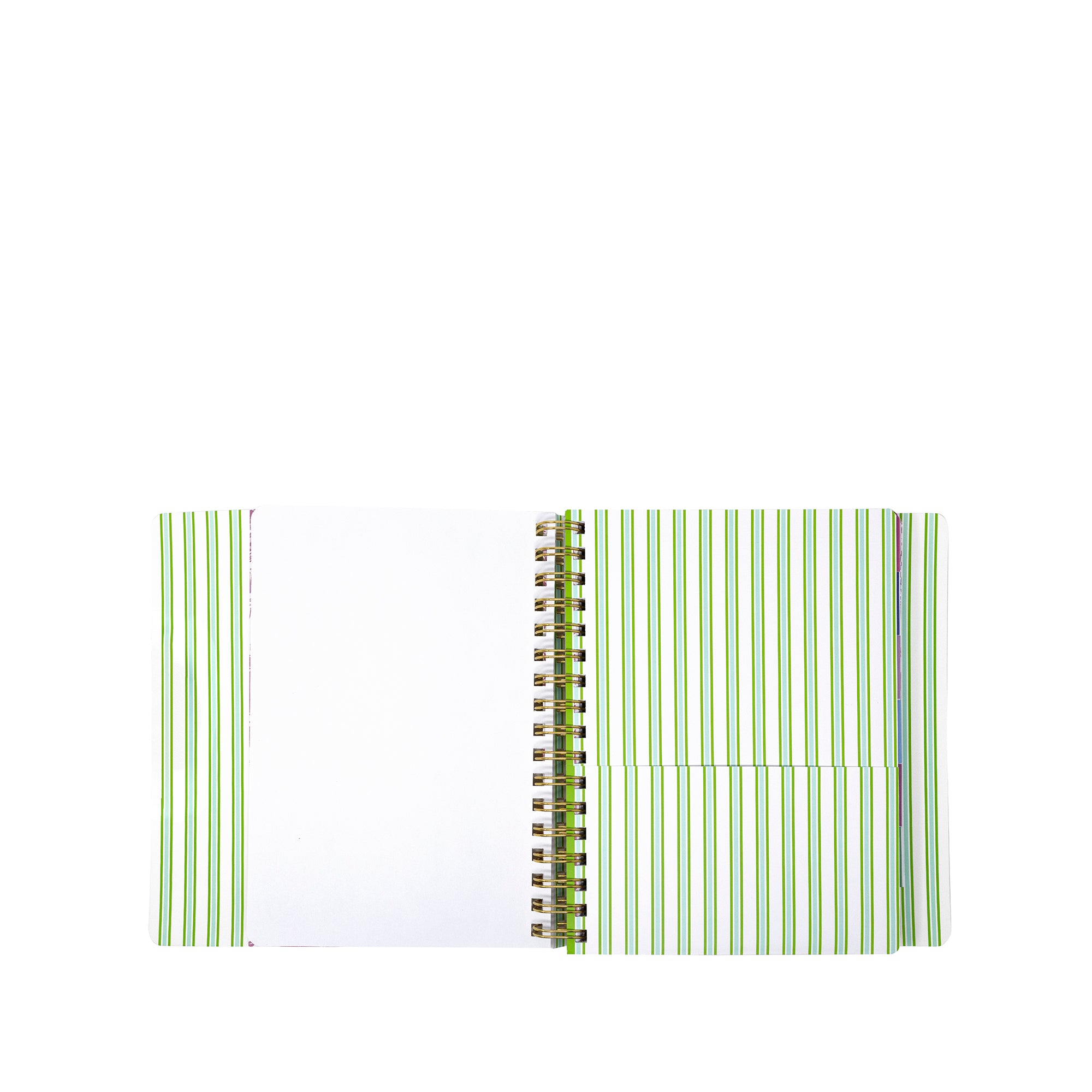 Spiral-bound planner with green and white striped cover on a white background