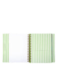 Spiral-bound planner with green and white striped cover on a white background