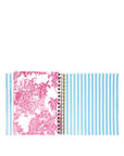 planner with pink floral design on one cover and blue striped pattern on the other, on a white background.