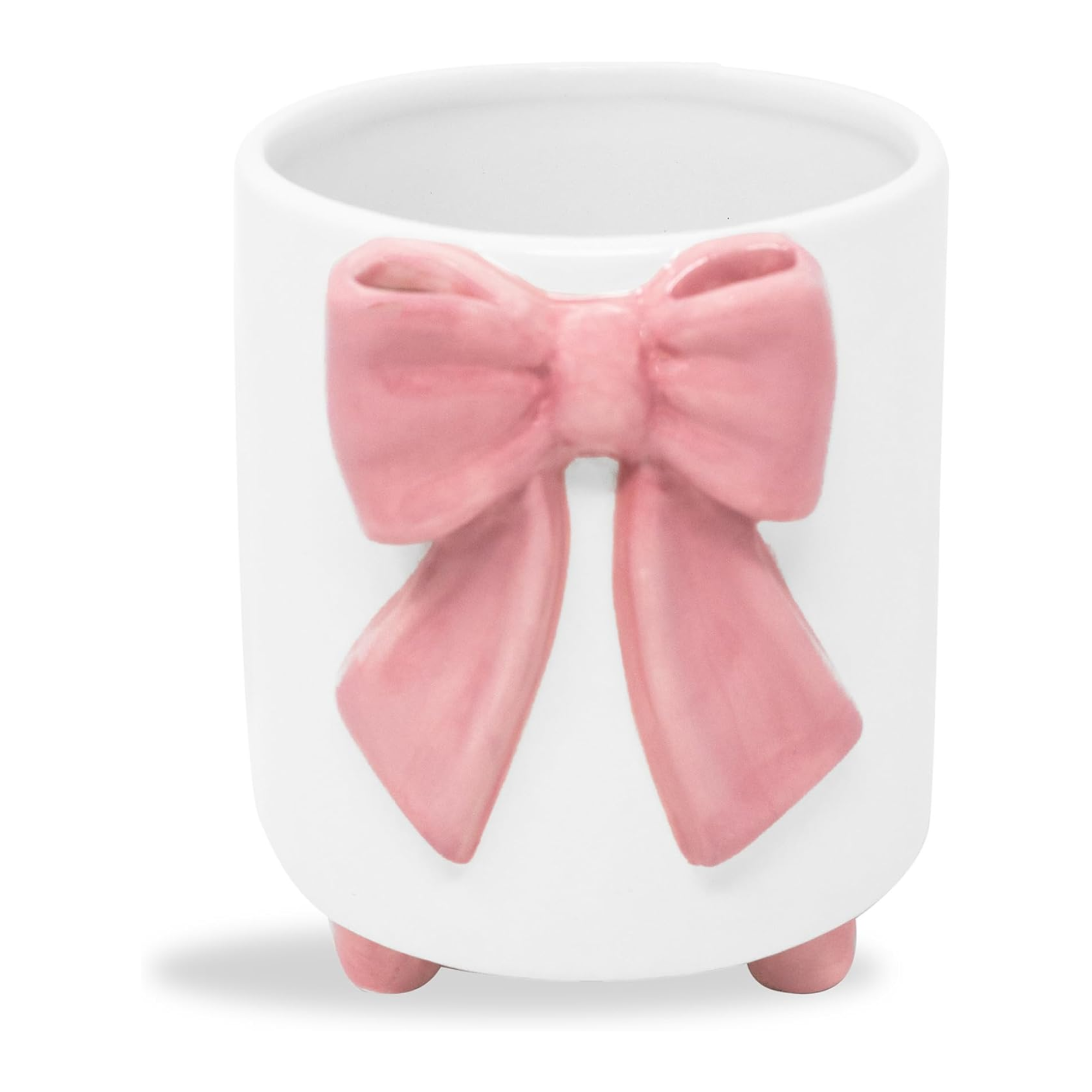 White ceramic planter with a pink bow on a white background
