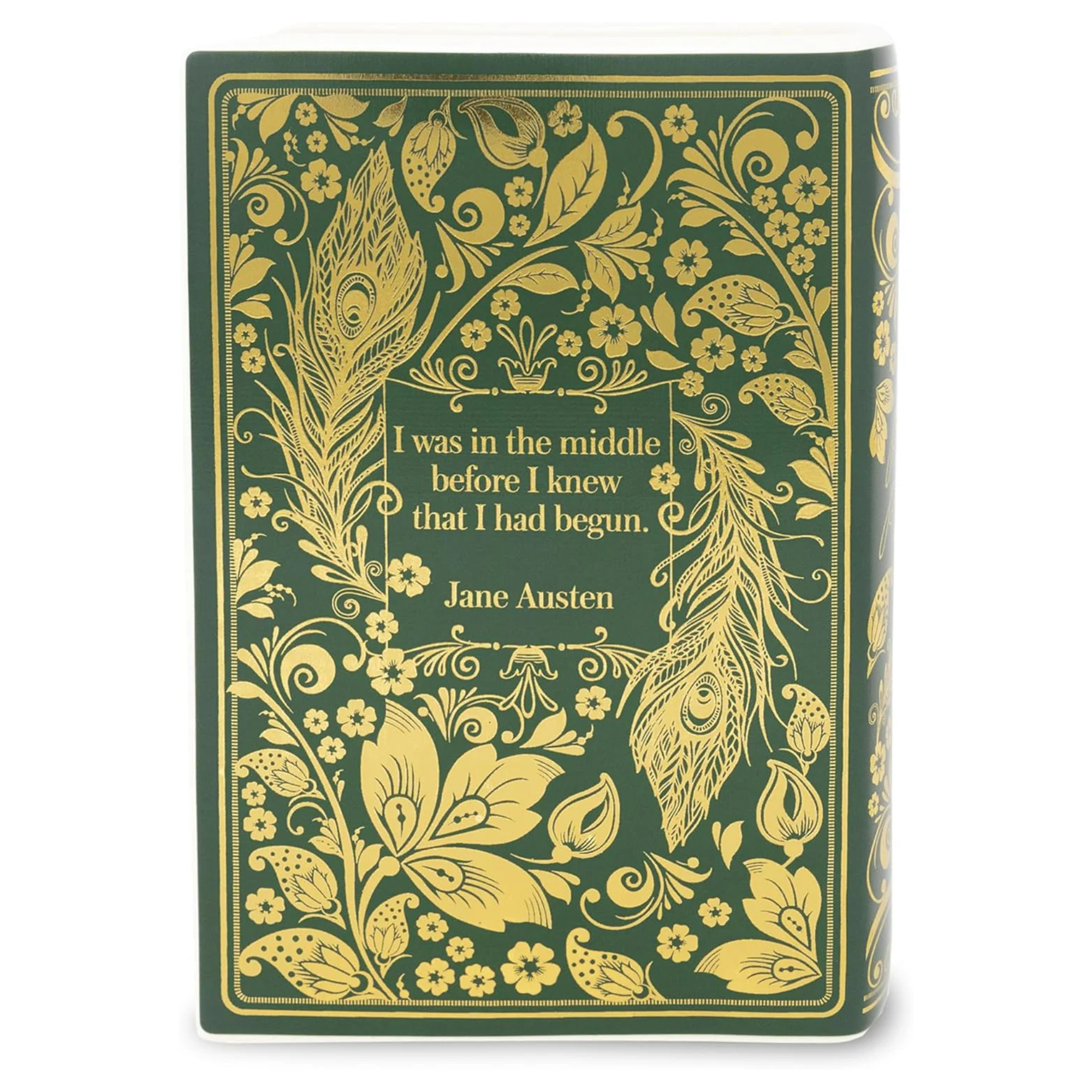 Decorative vase with gold floral and feather design on a green background