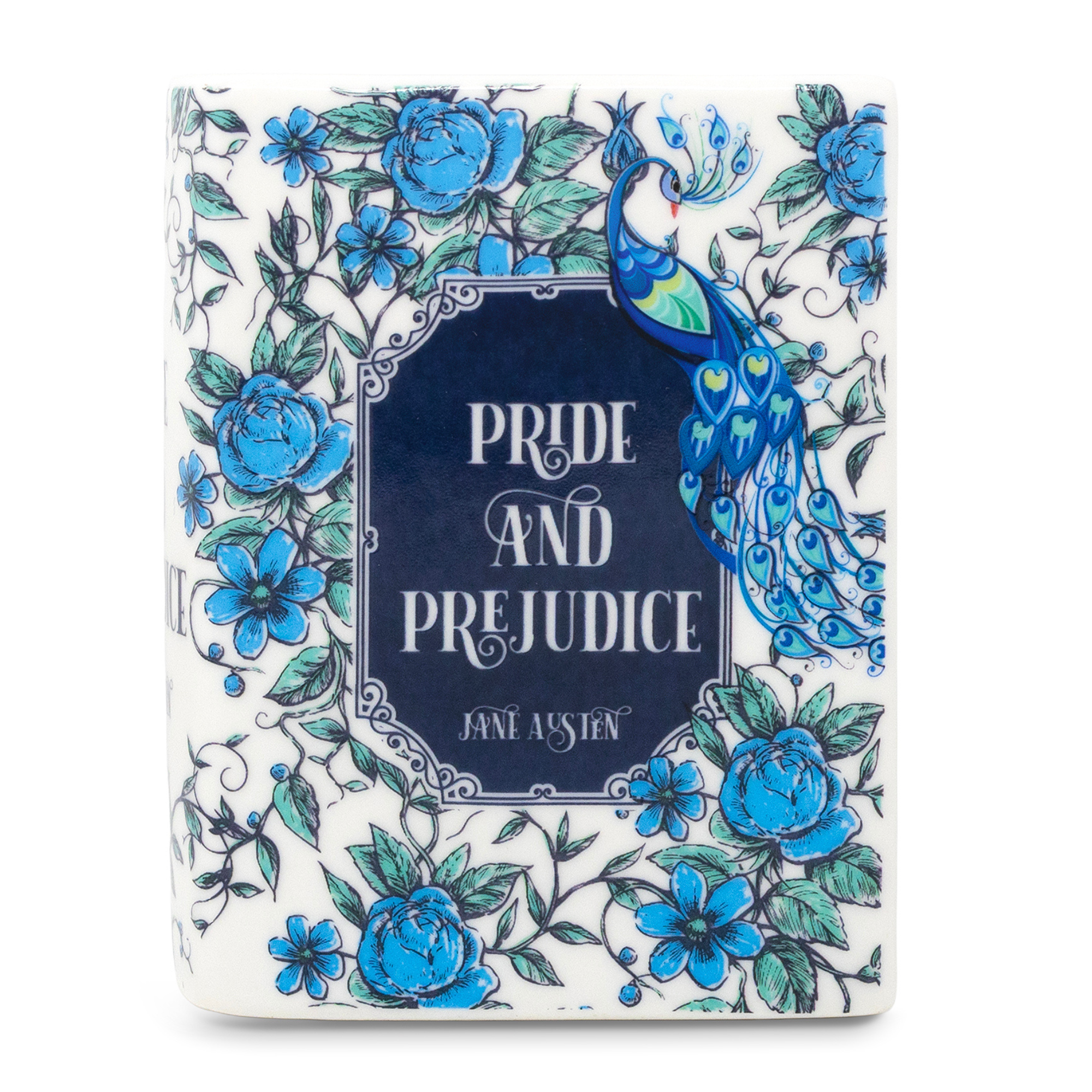 Book-shaped candle with 'Pride and Prejudice' design on a white background