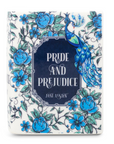 Book-shaped candle with 'Pride and Prejudice' design on a white background