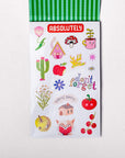 Sheet of colorful stickers with various designs on a white background.