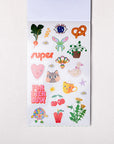 Sheet of colorful stickers with various designs on a white background