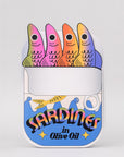 Colorful sardines in a can bookmark on a white background