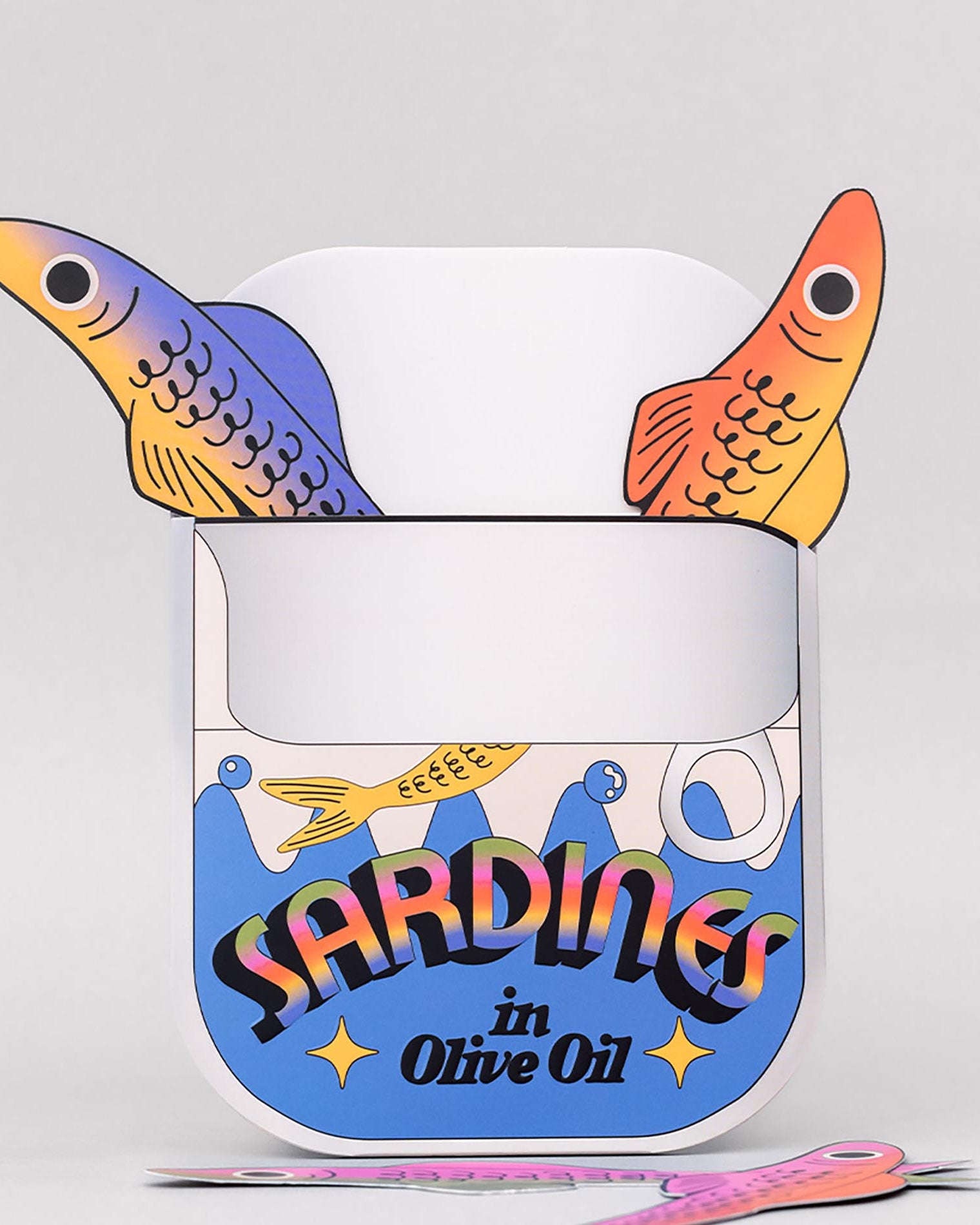 Colorful sardines in a can bookmark on a white background