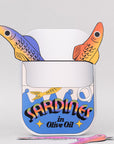Colorful sardines in a can bookmark on a white background