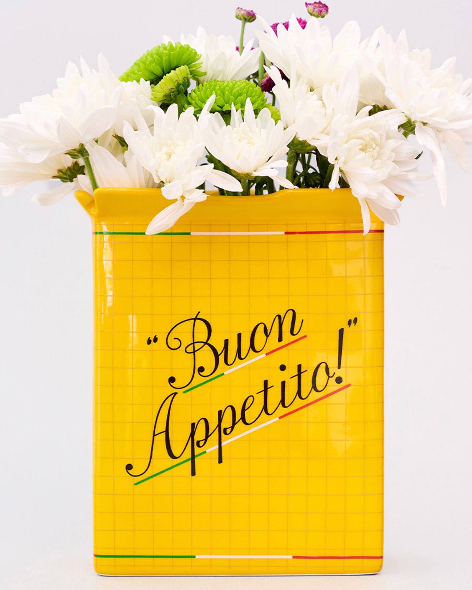 back view of yellow pasta box vase
