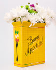 side view of yellow pasta box vase