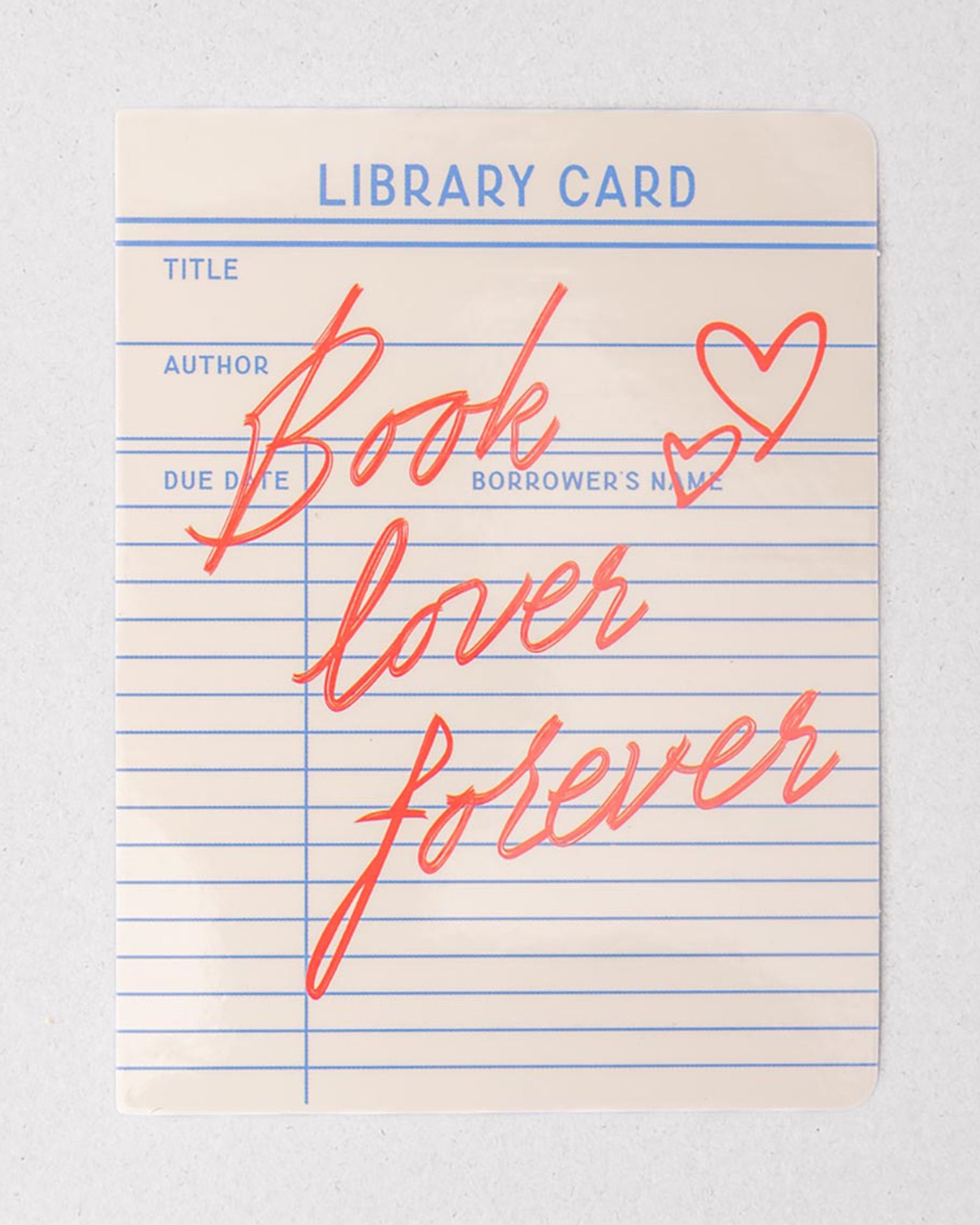 Library card with 'Book lover forever' text on a light gray background