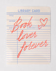 Library card with 'Book lover forever' text on a light gray background