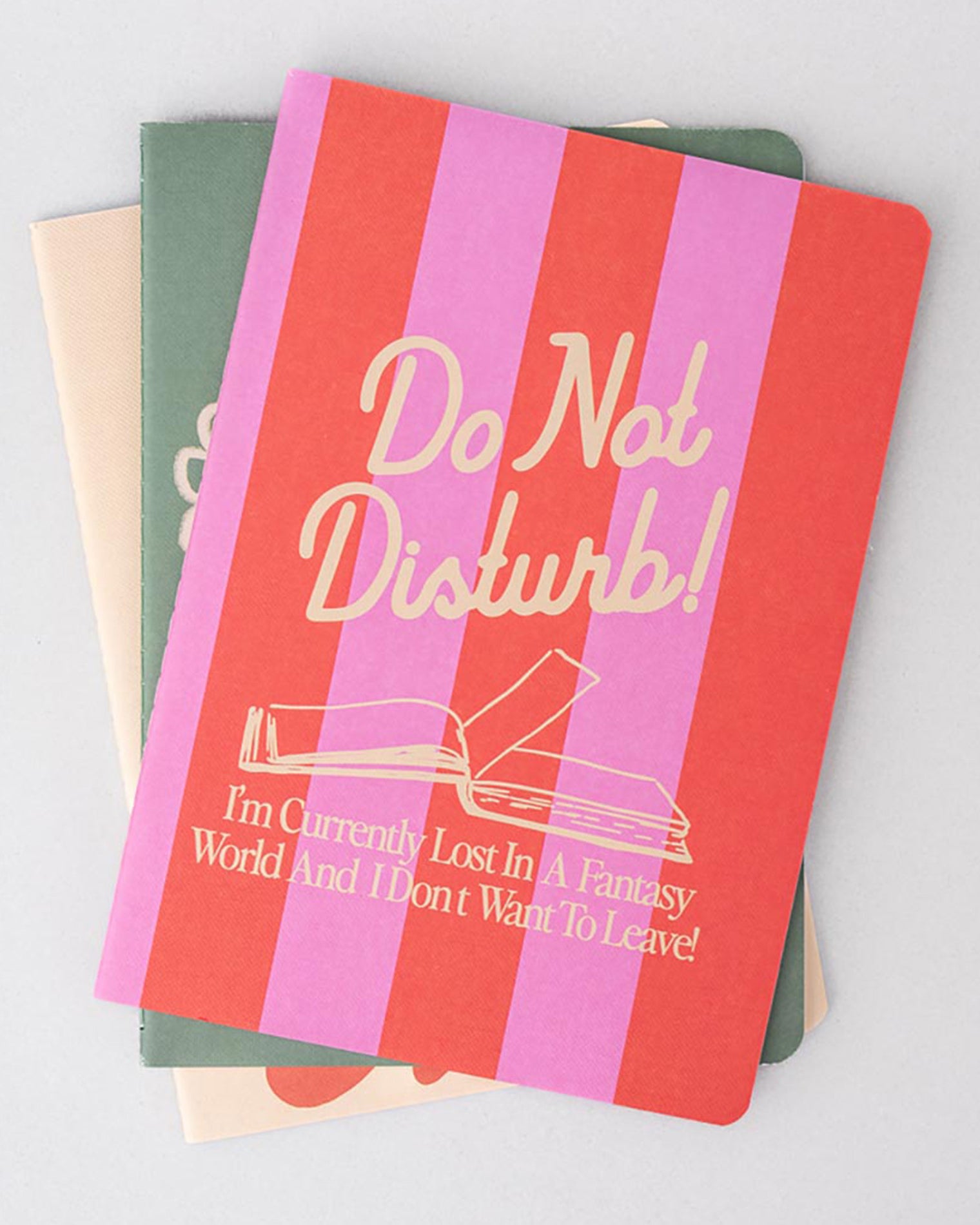 Notebook with 'Do Not Disturb! I'm Currently Lost In A Fantasy World And I Don't Want To Leave!' text on a gray background