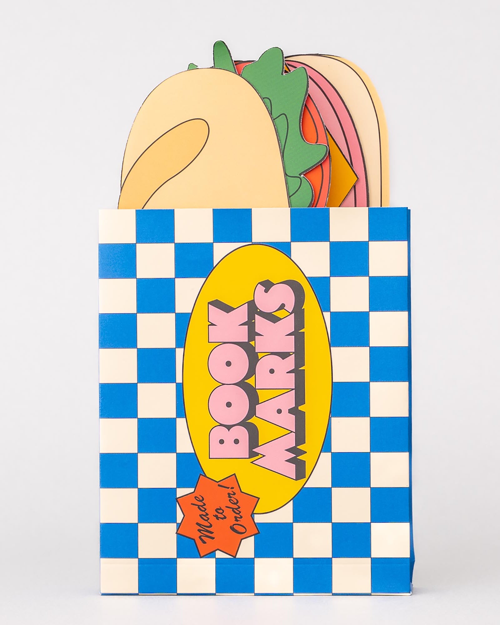 Pack of colorful paper bookmarks with a checkered box on a white background