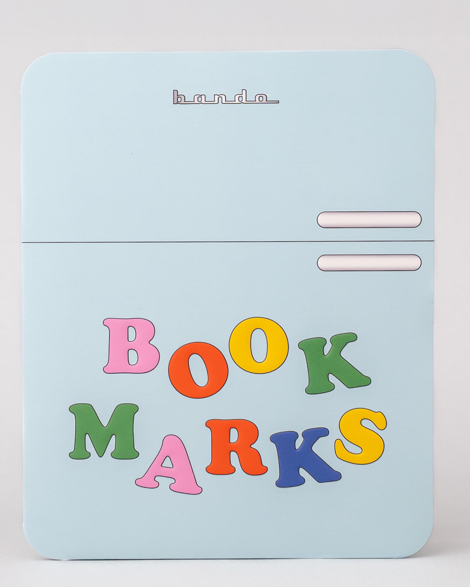Light blue container with colorful 'BOOKMARKS' text on a white background