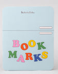 Light blue container with colorful 'BOOKMARKS' text on a white background
