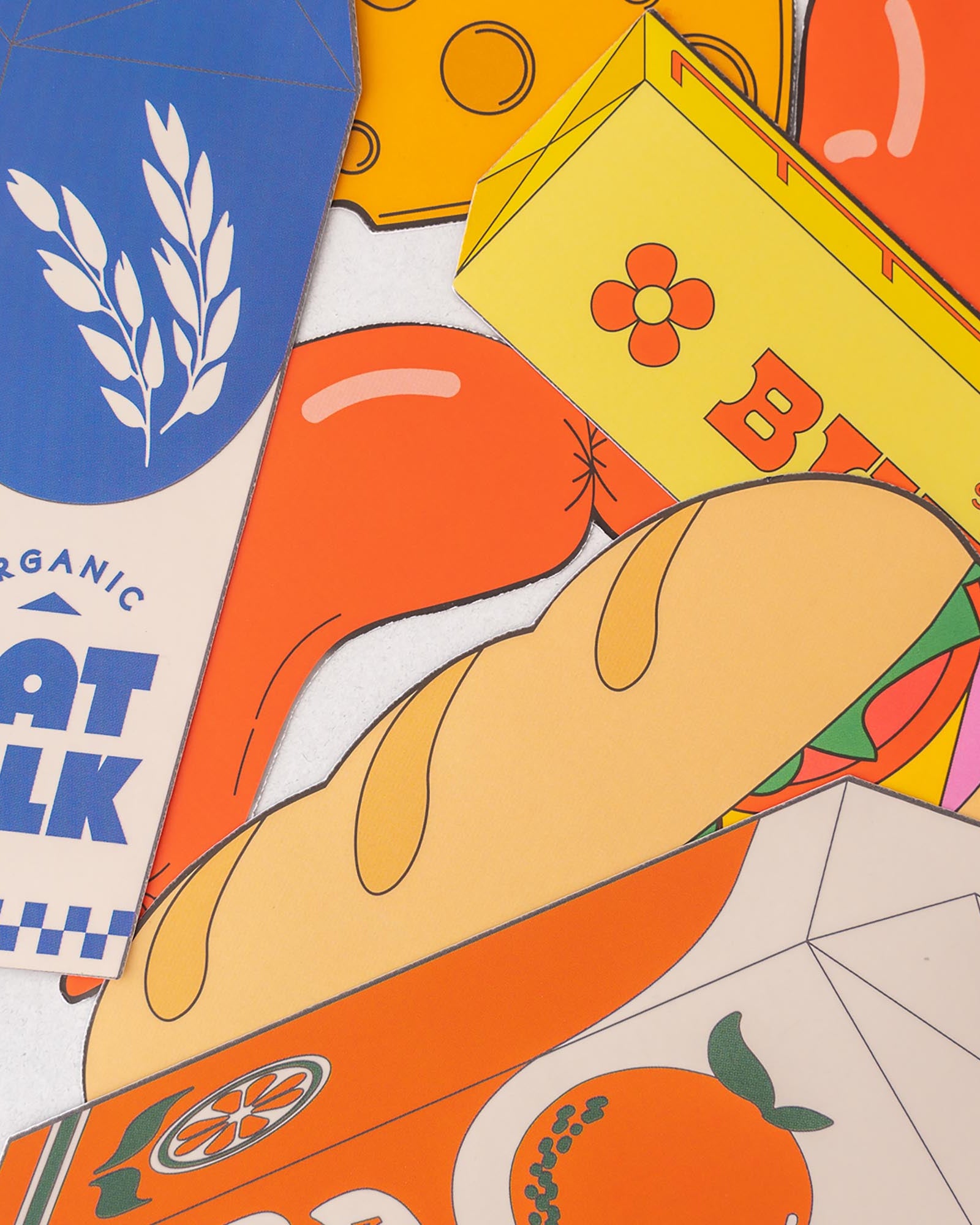 Illustration of a loaf of bread with colorful packaging in the background