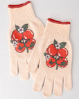 Pair of beige gardening gloves with red tomato design on a light gray background