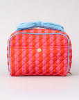 Quilted makeup bag with pink and orange stripes on a light gray background