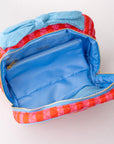 Colorful quilted pouch with a zipper on a white background