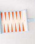 Rectangular pouch with orange and beige striped pattern on a light gray background